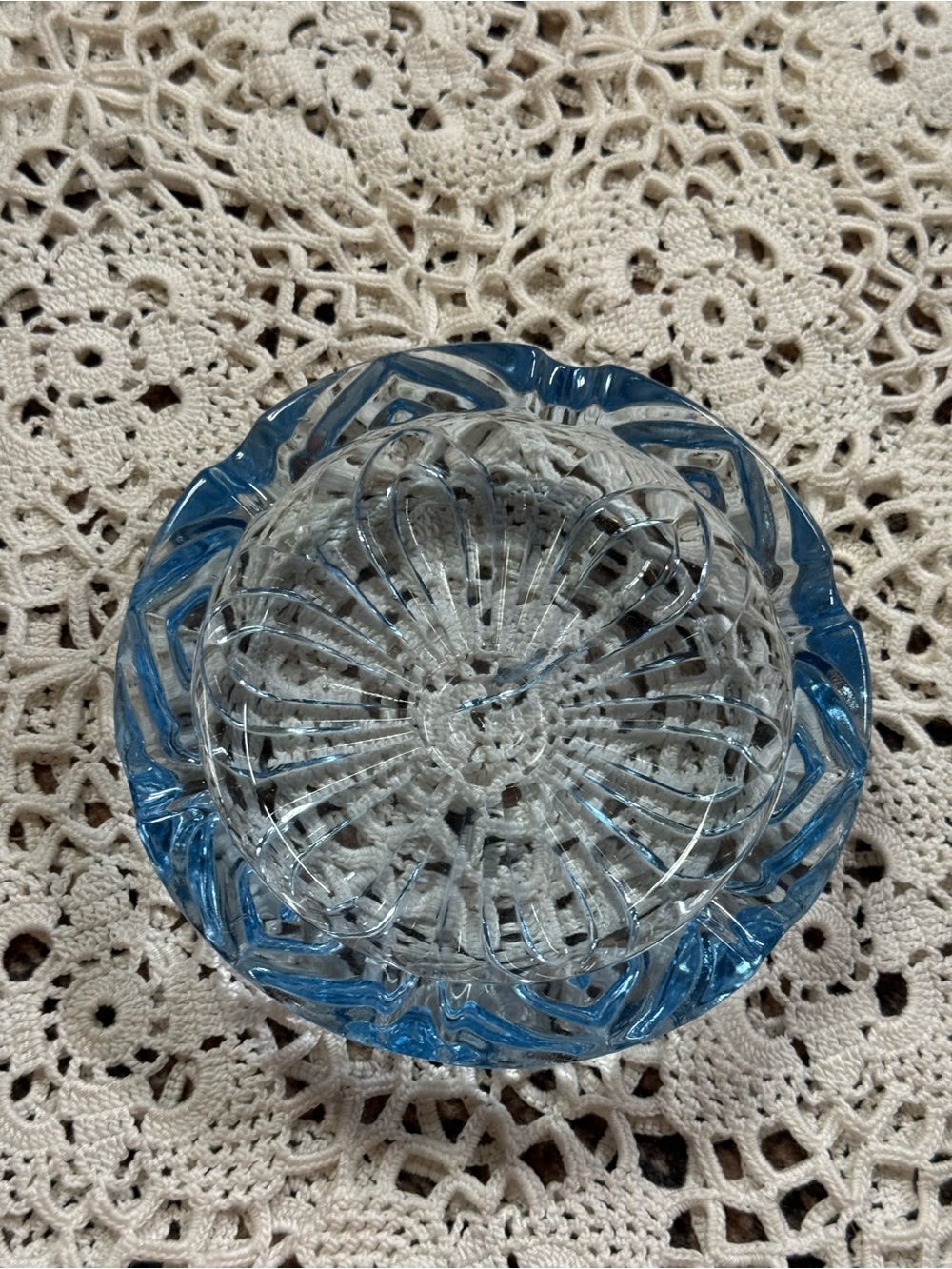 Vintage Blue Glass Ashtray Clear Blue Flower Design Retro Decor